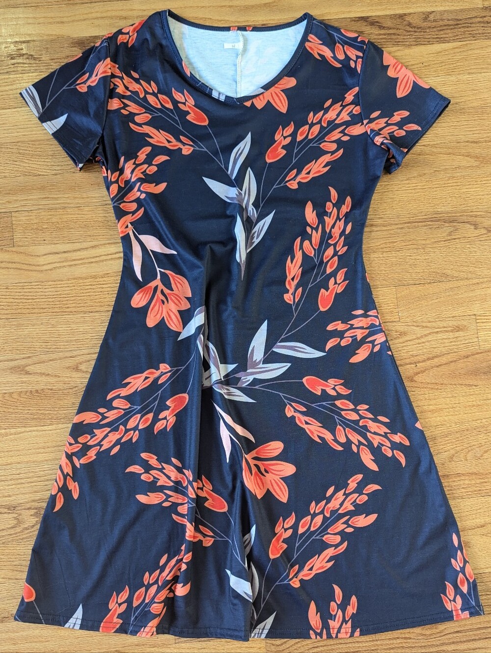 Women's Navy Floral A-Line Dress with Coral Accents